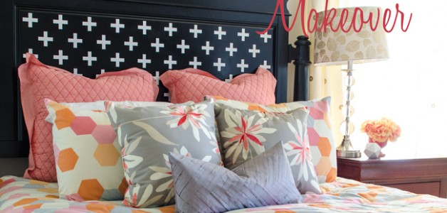 DIY Headboard makeover. Love the pink + orange bedding