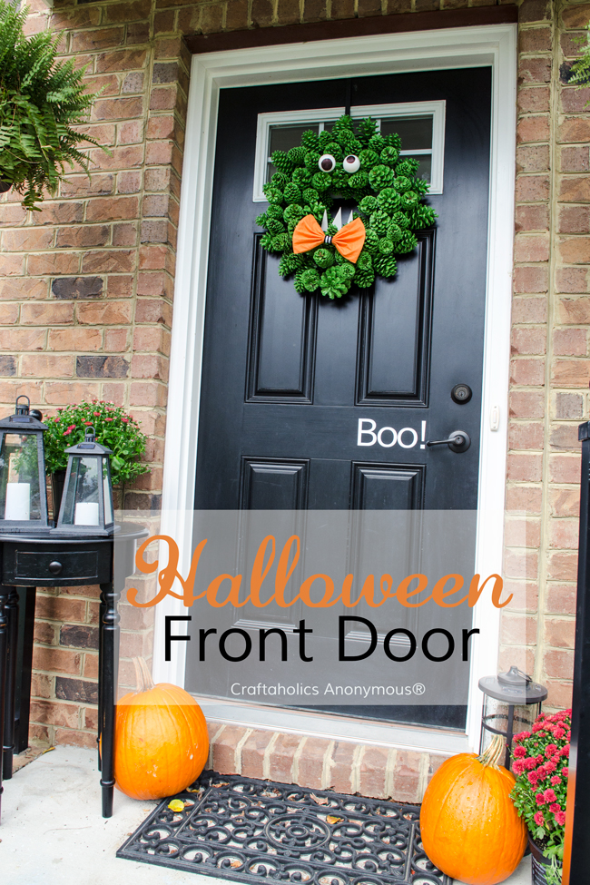 Halloween door - Monster Wreath, Boo vinyl decal, pumpkins, and mums. So easy, so cute!