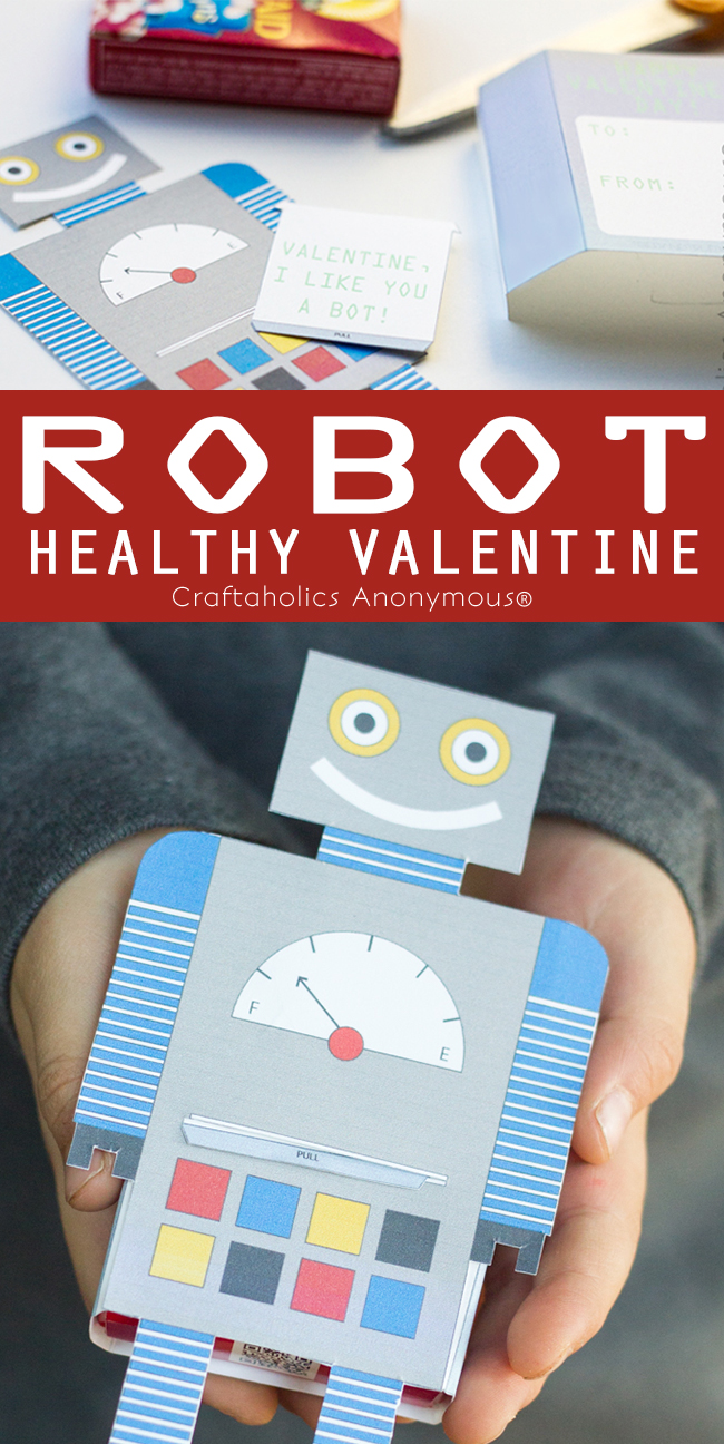 Free Printable Healthy Valentine || Adorable Robot Valentine printable that holds a box of Raisins