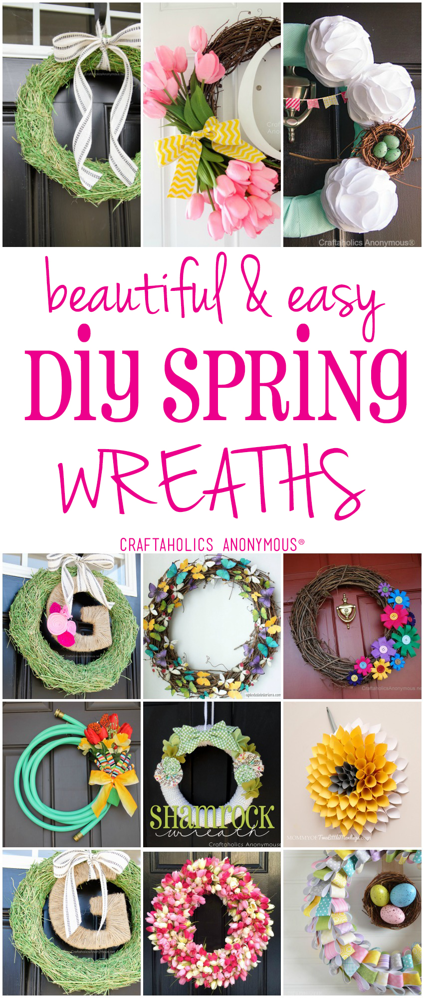 Easy and Beautiful DIY Spring Wreaths to add a touch of spring to your front porch at craftaholicsanonymous.net