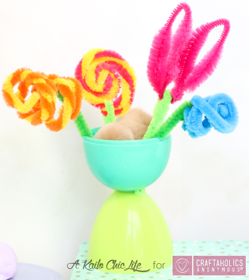 Kid Friendly Spring Flower Vase craft using plastic Easter eggs and pipe cleaners