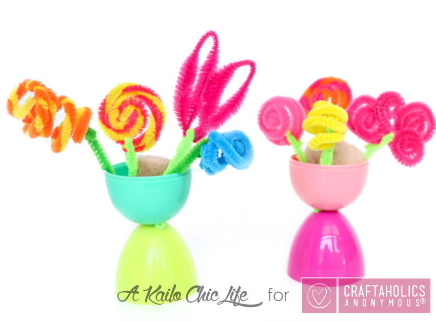 Kid Friendly Spring Flower Vase craft using plastic Easter eggs and pipe cleaners