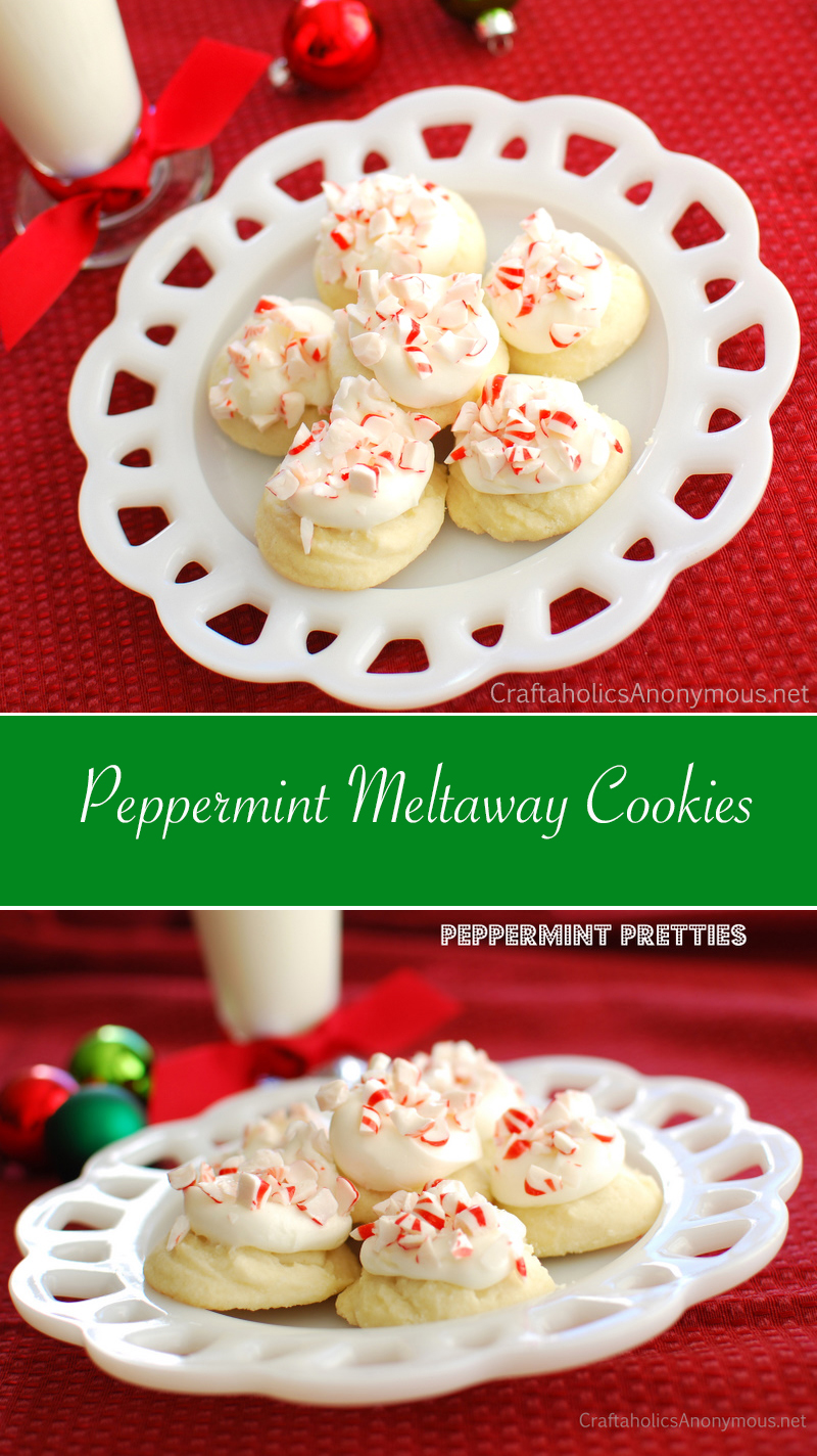 Yummy Peppermint Melt-away Cookies recipe. Sweet, light, and peppermint-y with crushed candy canes on top. A favorite cookie recipe for cookie swaps!