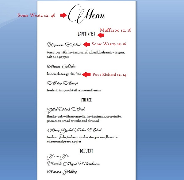 menu fonts