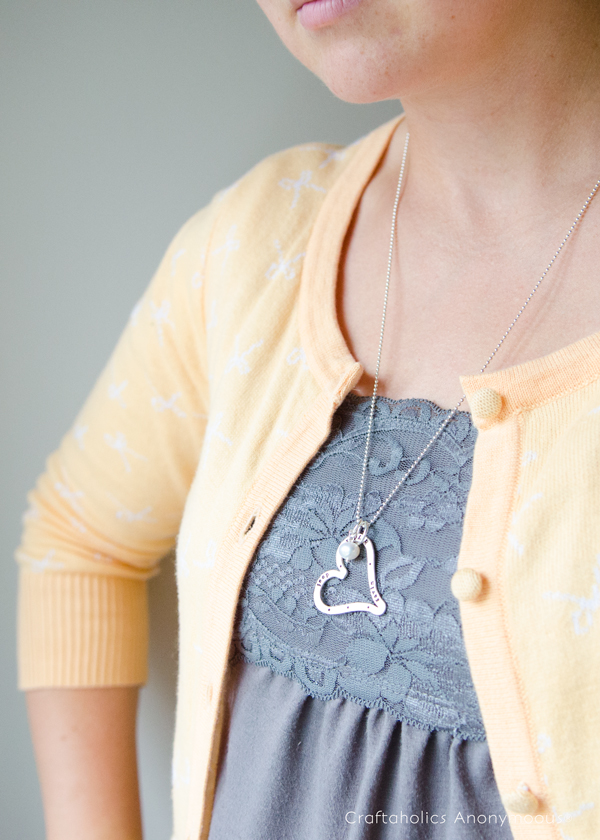 Vintage Pearl Necklace. Have the names of your kids stamped into this heart.
