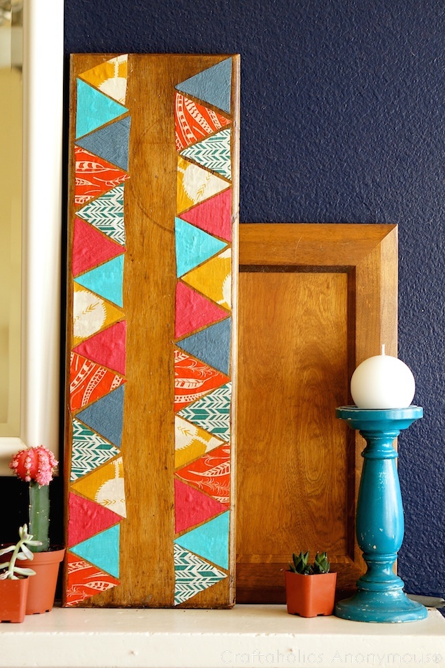 triangle fabric art on reclaimed wood