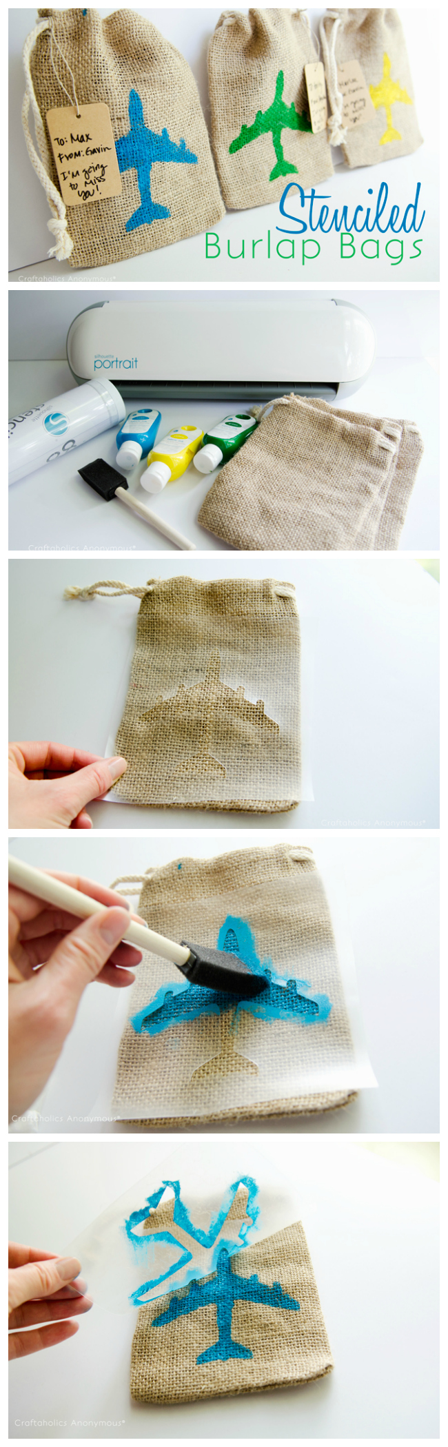 DIY stenciled burlap bags. How cute would these be for a party or baby shower?! 