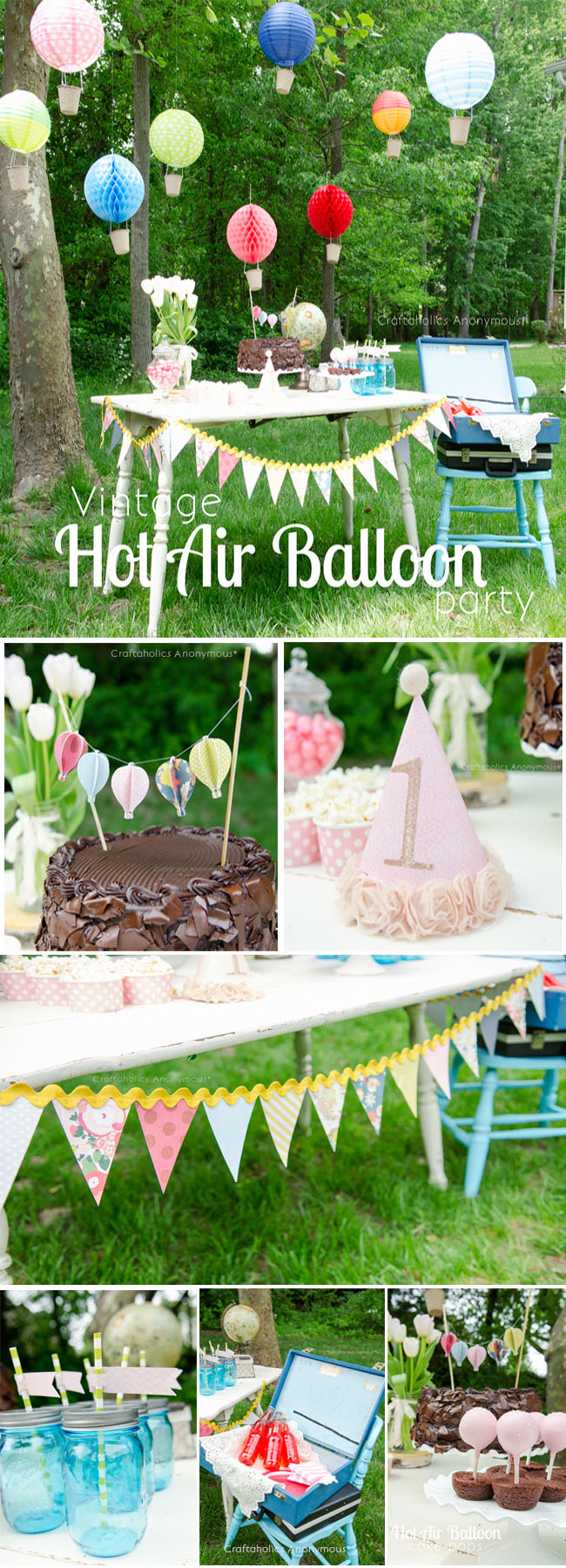Vintage Hot Air Balloon Birthday Party. Such an amazing party! Love this hot air balloons, the bunting, and the hot air balloon cake pops.