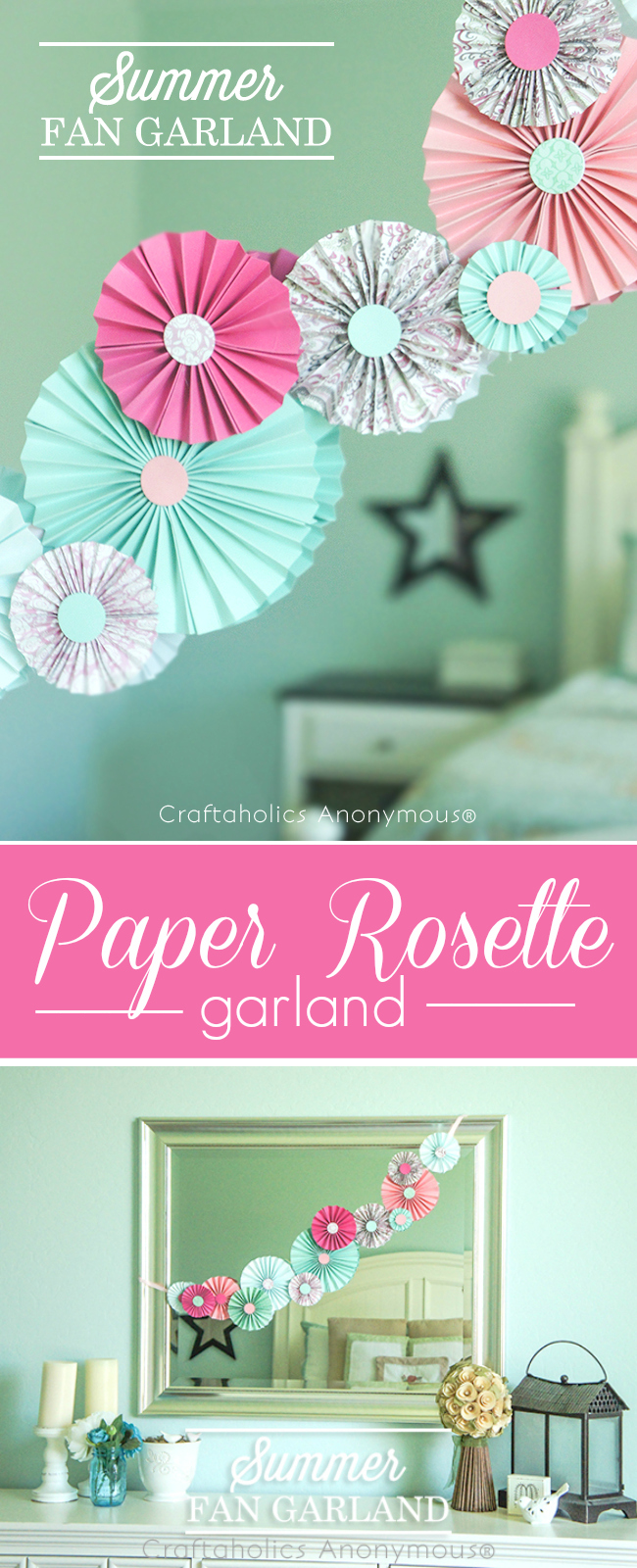 Summer Paper rosette garland. Easy DIY garland. These are great for parties or everyday decor. 