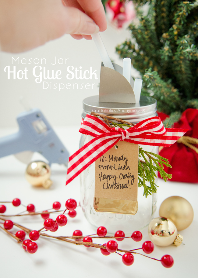 Mason jar glue stick dispenser. What a cute gift idea for a Crafter? Of course I want one for myself too!