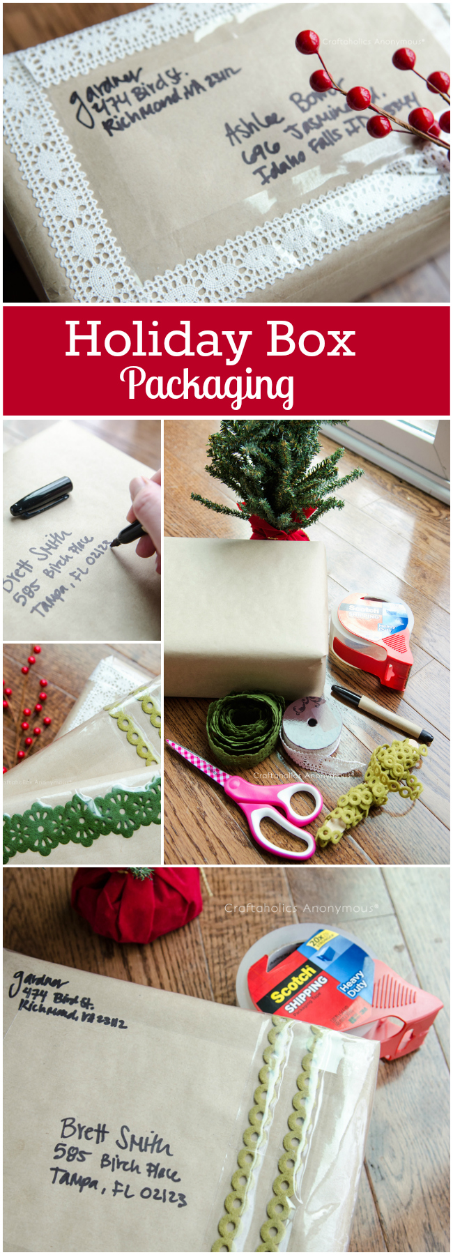DIY Holiday box packaging ideas. Perfect for making gifts look festive even when being shipped!