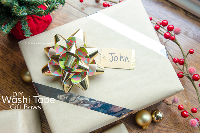 Handmade Christmas Bows using washi tape and scrapbook paper. Personalize the bows using paper they would like.