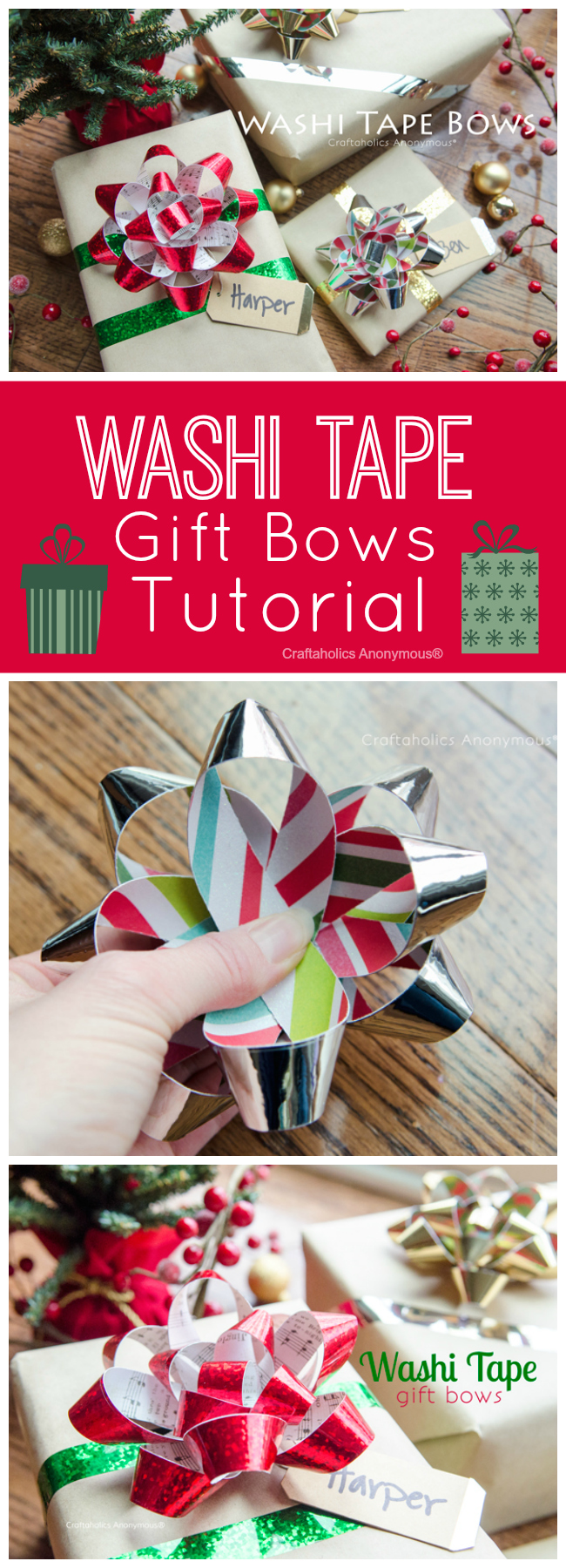 Washi Tape Gift Bows Tutorial. Make handmade Christmas bows using washi tape and paper. Personalize the bow to the giftee using paper that they like. Ex: if they like music, just sheet music paper.
