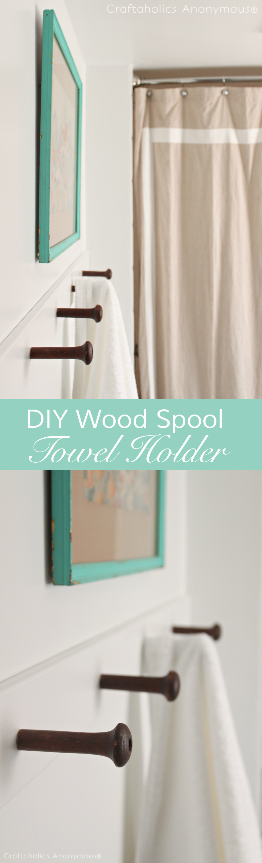 DIY Towel Holder Tutorial || She uses vintage wood spools for the hooks.