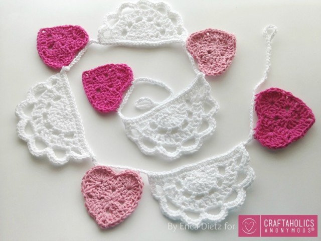 Crochet Valentine's Day Bunting with Hearts and Doilies