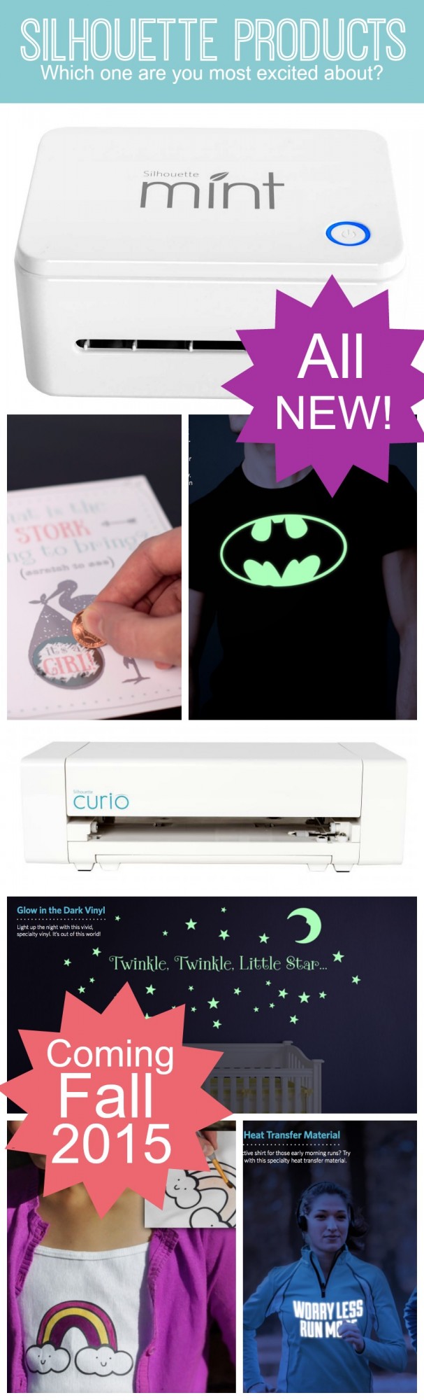 New Silhouette products to be excited about. Including the Silhouette Mint, Silhouette Curio, scratch off sheets, glow in the dark vinyl, etc. Click for all the details!