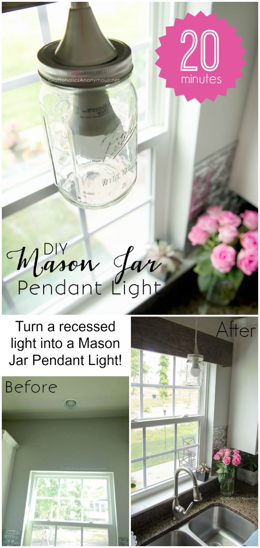 DIY Mason Jar Pendant light :: Super easy way to turn a recessed light into a Mason Jar light for only $20.