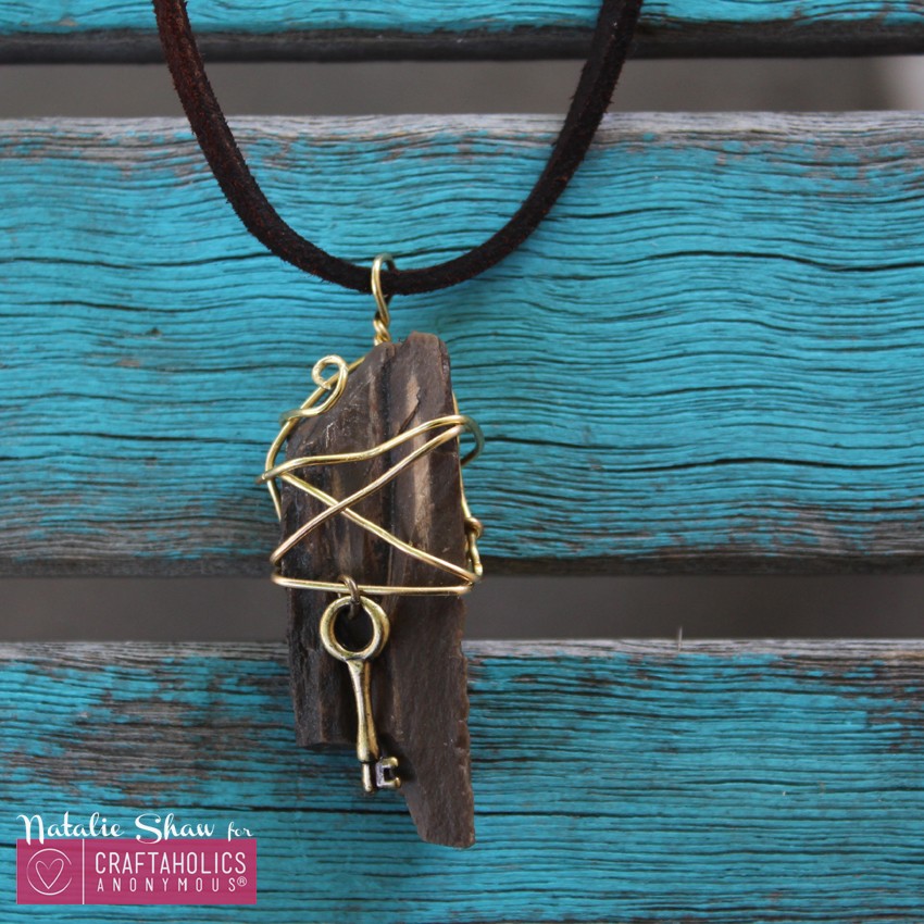 wire wrapped pendant necklaces rocks petrified wood gold leather (12)