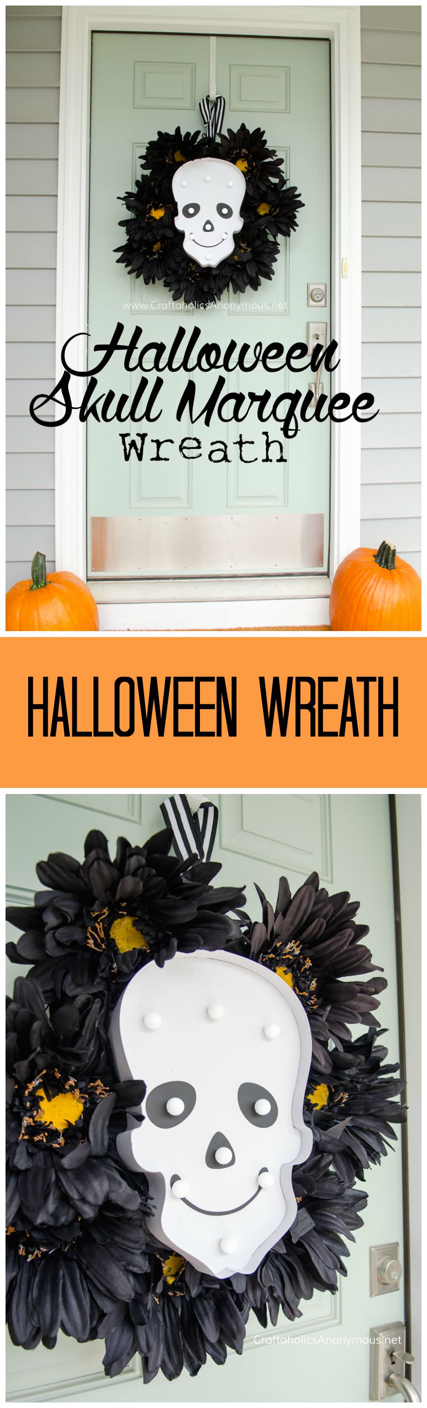 DIY Halloween Marquee Wreath Tutorial || Love that the lights turn on and glow in the dark.Perfect for Halloween night! found on www.CraftaholicsAnonymous.net