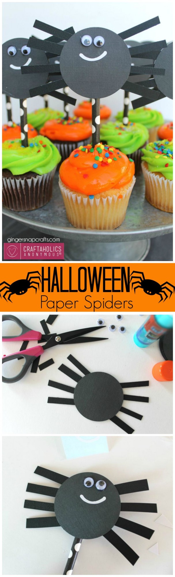 Halloween Paper Spiders Craft || Could put on cupcakes, hang from ceiling with fishline, or glue to twine for a garland. Or have pieces all cut out and let kids assemble for a great Kids Halloween Craft idea.