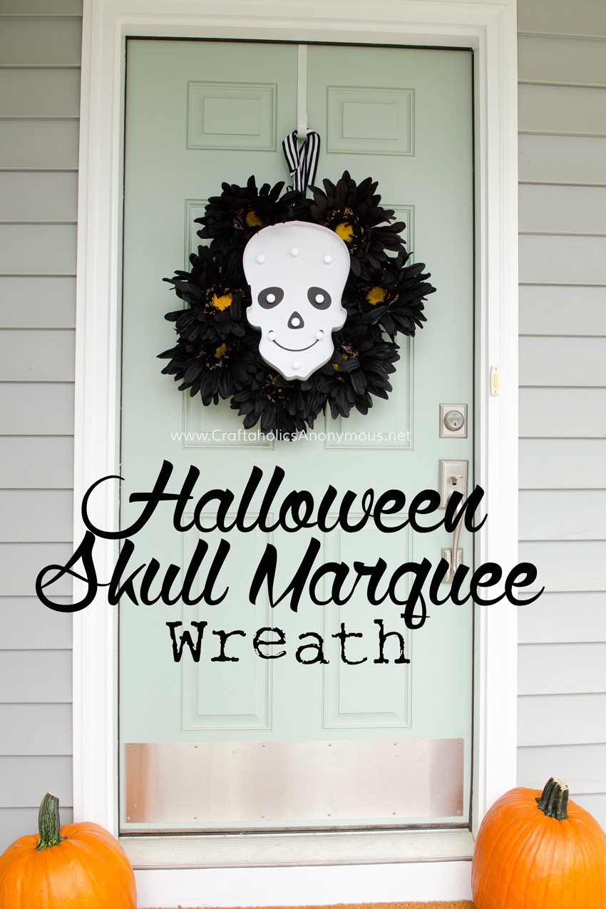 Halloween Skull Marquee wreath tutorial. I love that it lights up! Perfect for Halloween night. found on www.CraftaholicsAnonymous.net