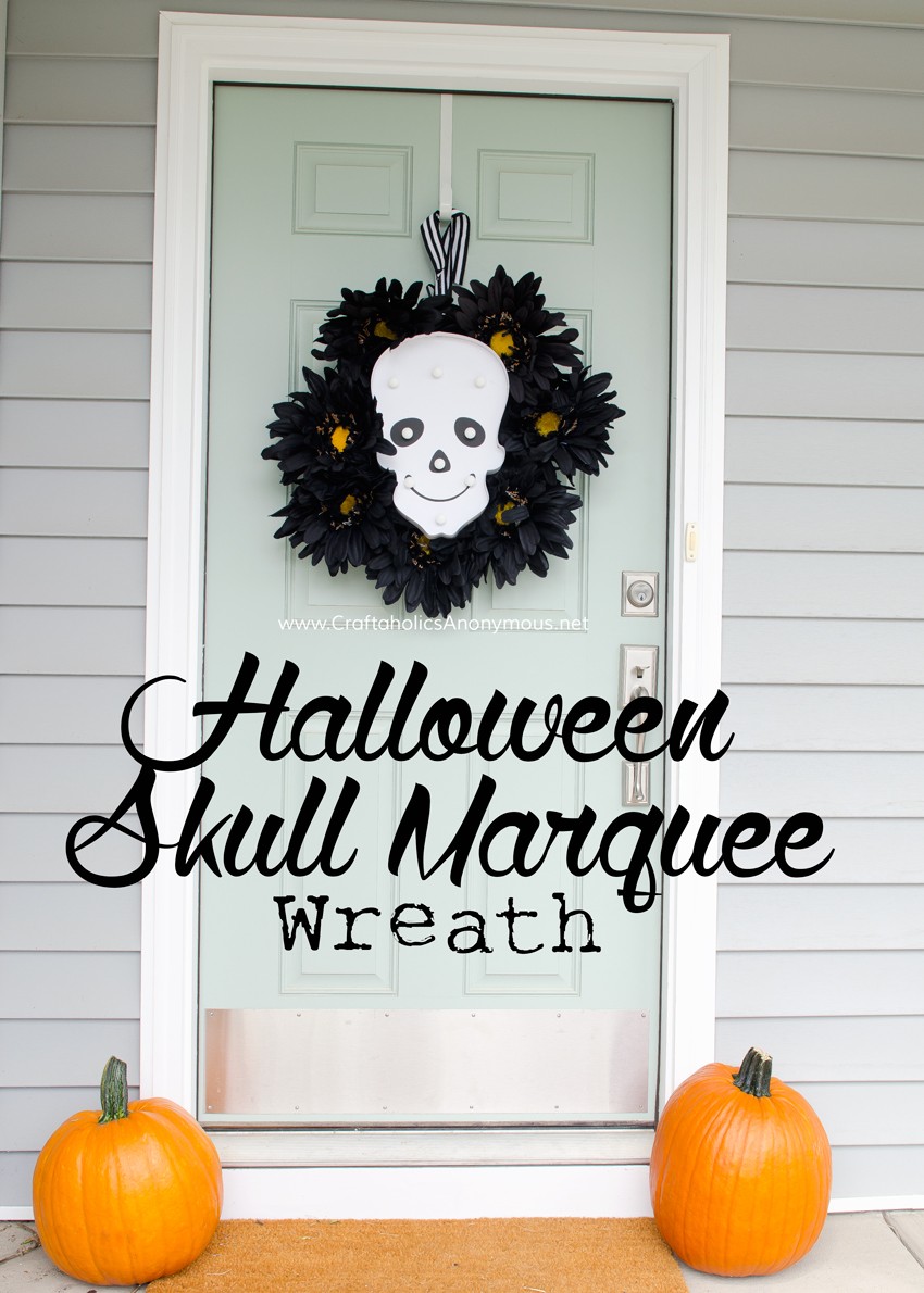 DIY Skull Marquee Halloween Wreath || Love that the lights turn on and glow in the dark.Perfect for Halloween night! found on www.CraftaholicsAnonymous.net
