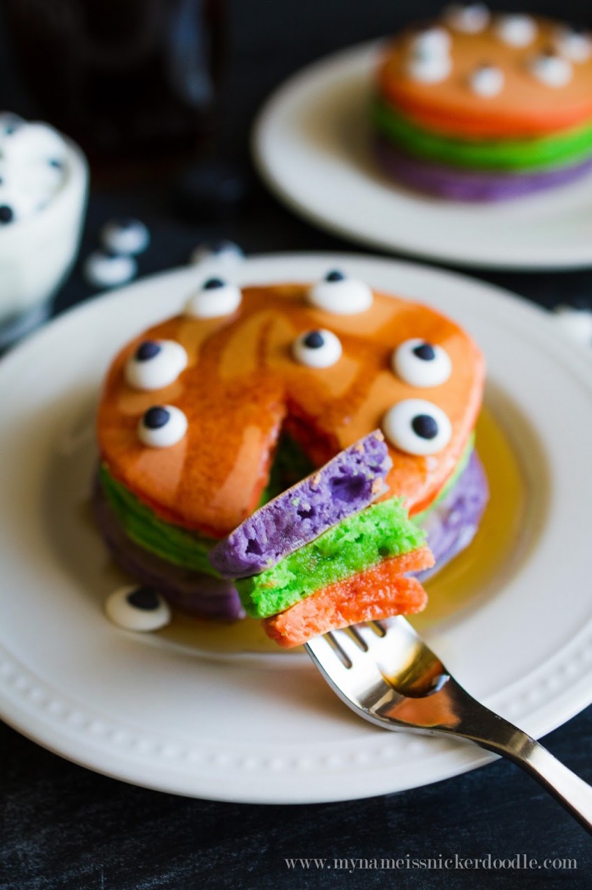 Halloween Pancakes in purple, green and orange colors. Perfect for Trick-or-treat night!
