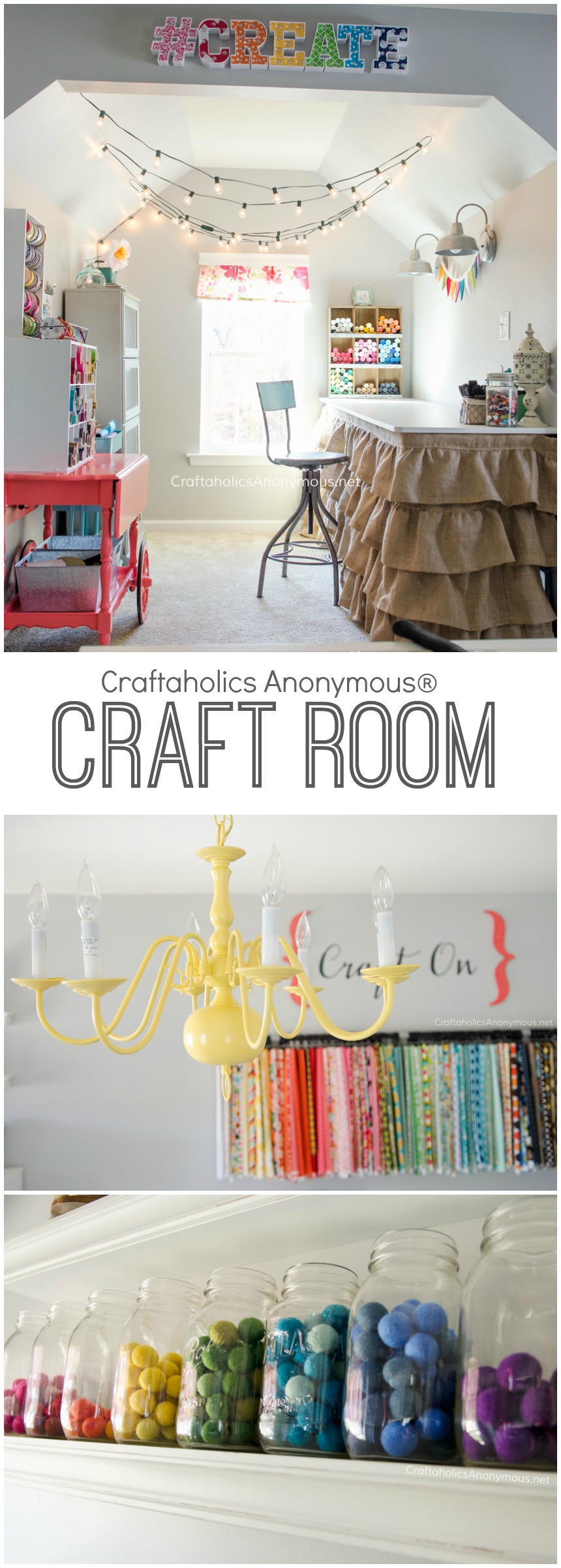Dream Craft Room with loads of awesome craft room storage and organization ideas! a MUST SEE craft room! www.CraftaholicsAnonymous.net