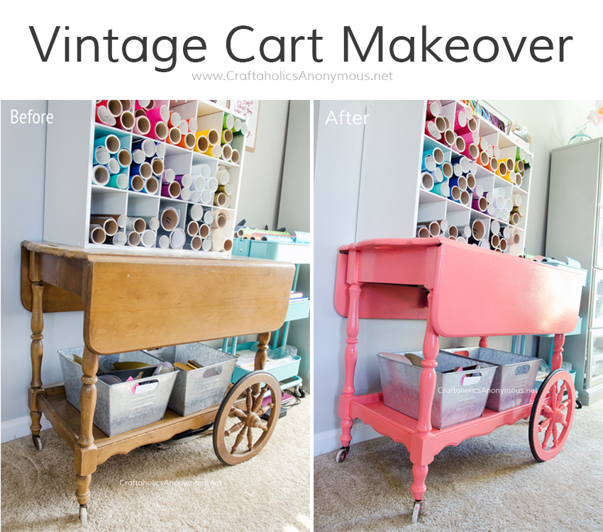 Vintage Cart Makeover || painted it glossy coral and put in her craft room to store vinyl