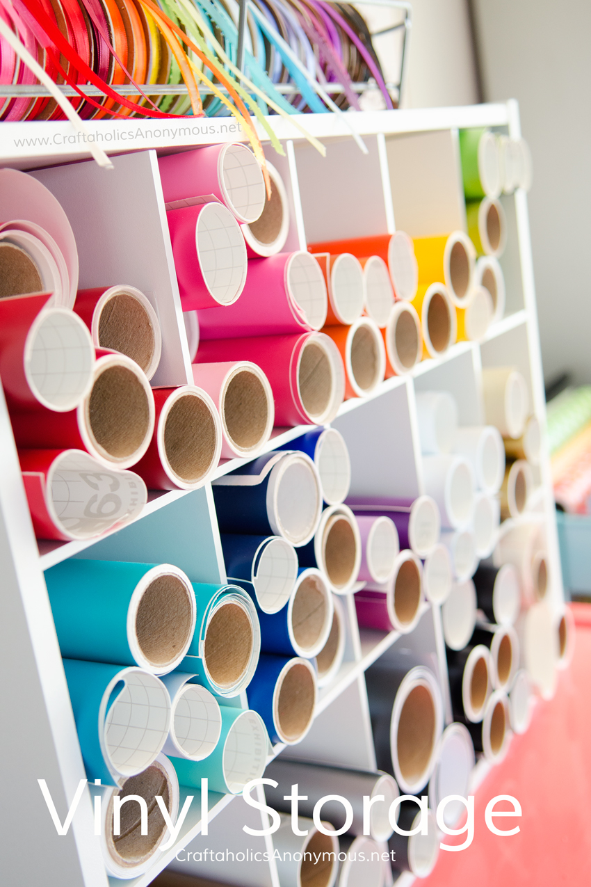 Craft Vinyl Storage idea. Use a cheap shoe rack! Lots more craft room organization ideas on www.CraftaholicsAnonymous.net