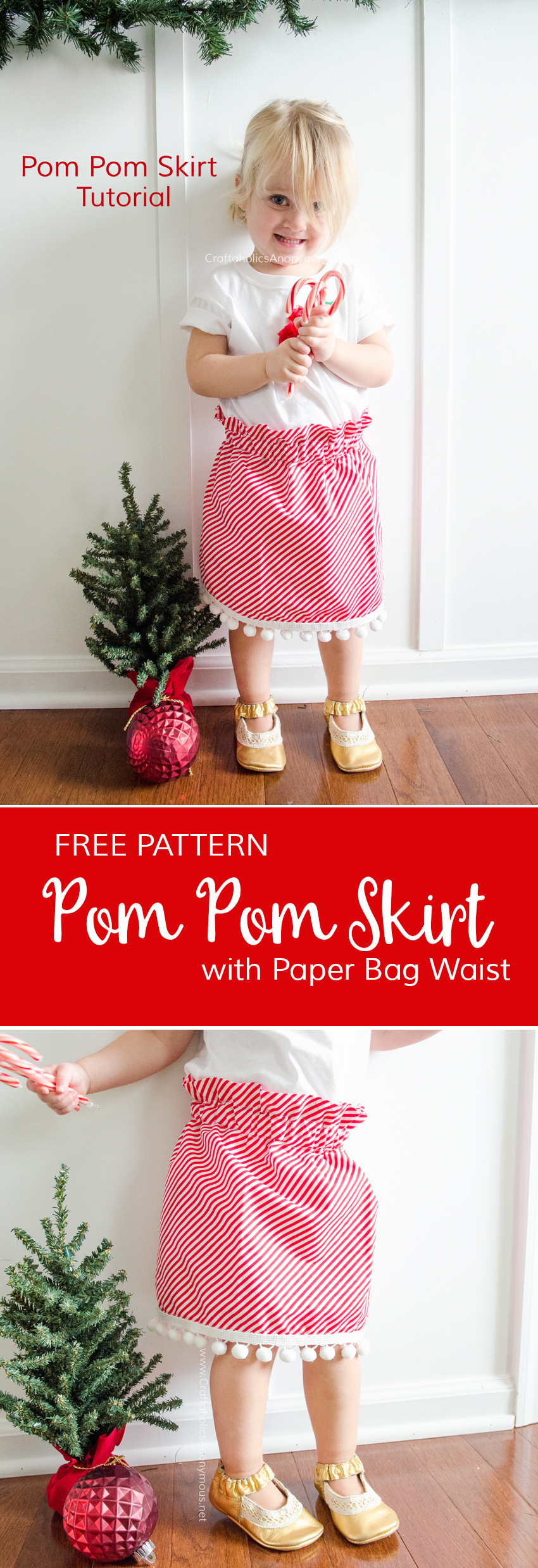 DIY Christmas Skirt tutorial with pom poms and a Paper Bag Waist. Love the details of this simple skirt! Pom Pom Skirt tutorial Free sewing pattern www.CraftaholicsAnonymous.net