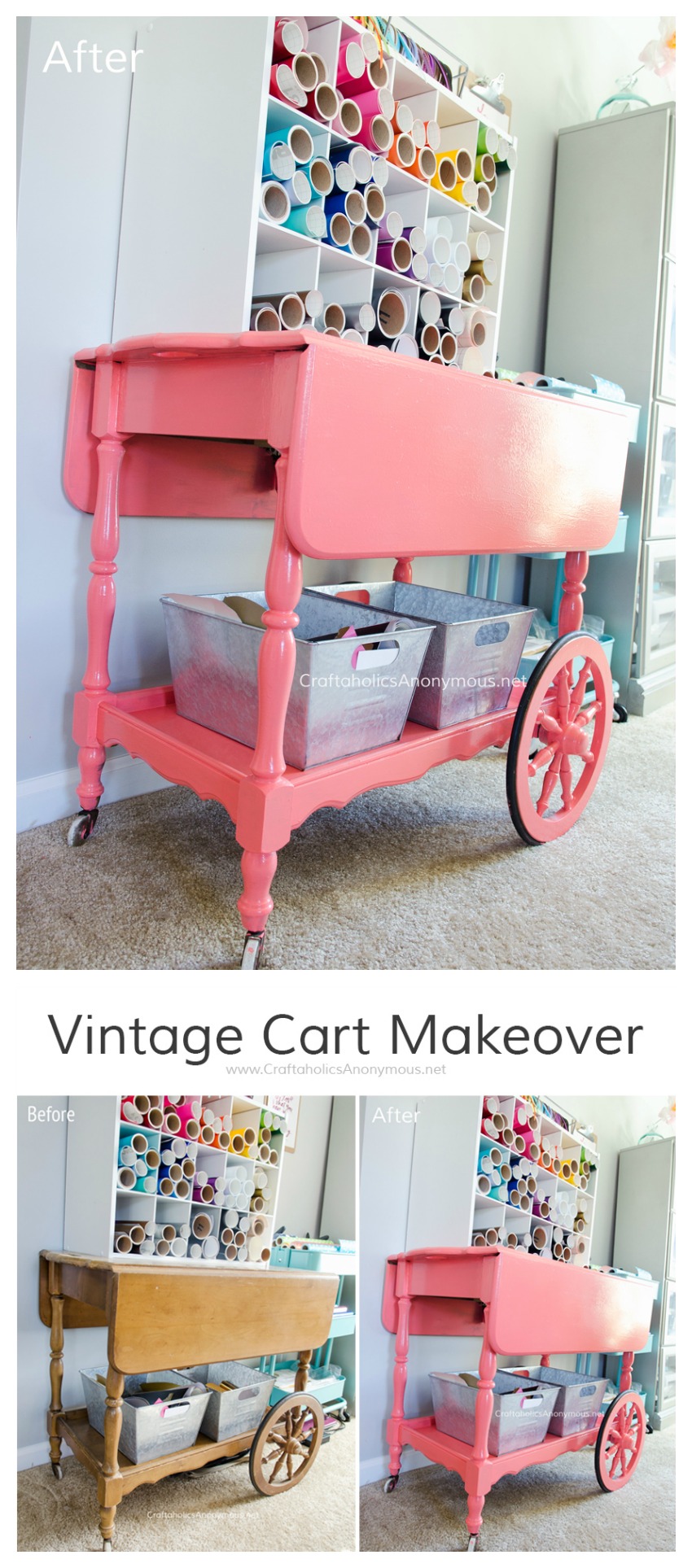 Vintage Bar Cart Makeover. Cart is used to store vinyl and ribbon in a craft room. 