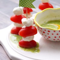 Mini Caprese Skewers with Creamy Pesto Dipping Sauce