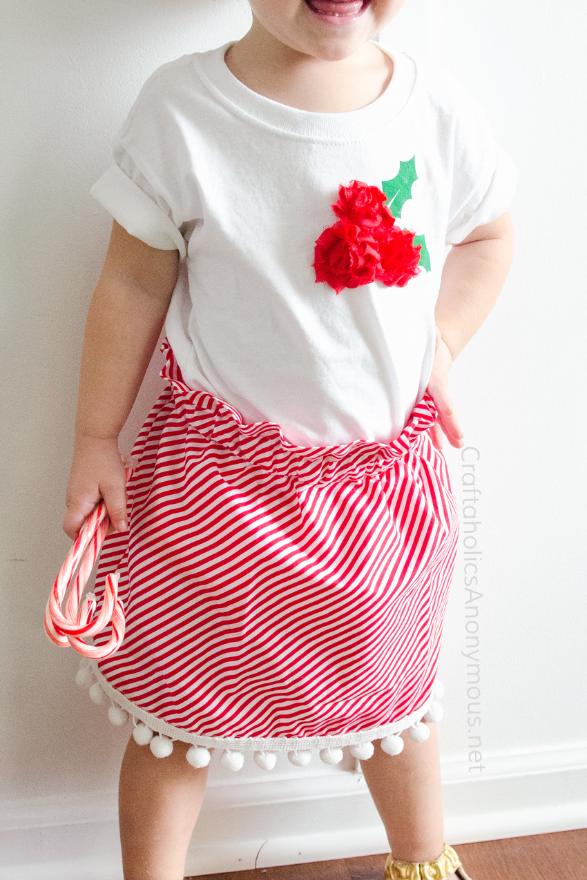 Adorable Christmas skirt to make! Free skirt sewing pattern with pom pom trim. www.CraftaholicsAnonymous.net