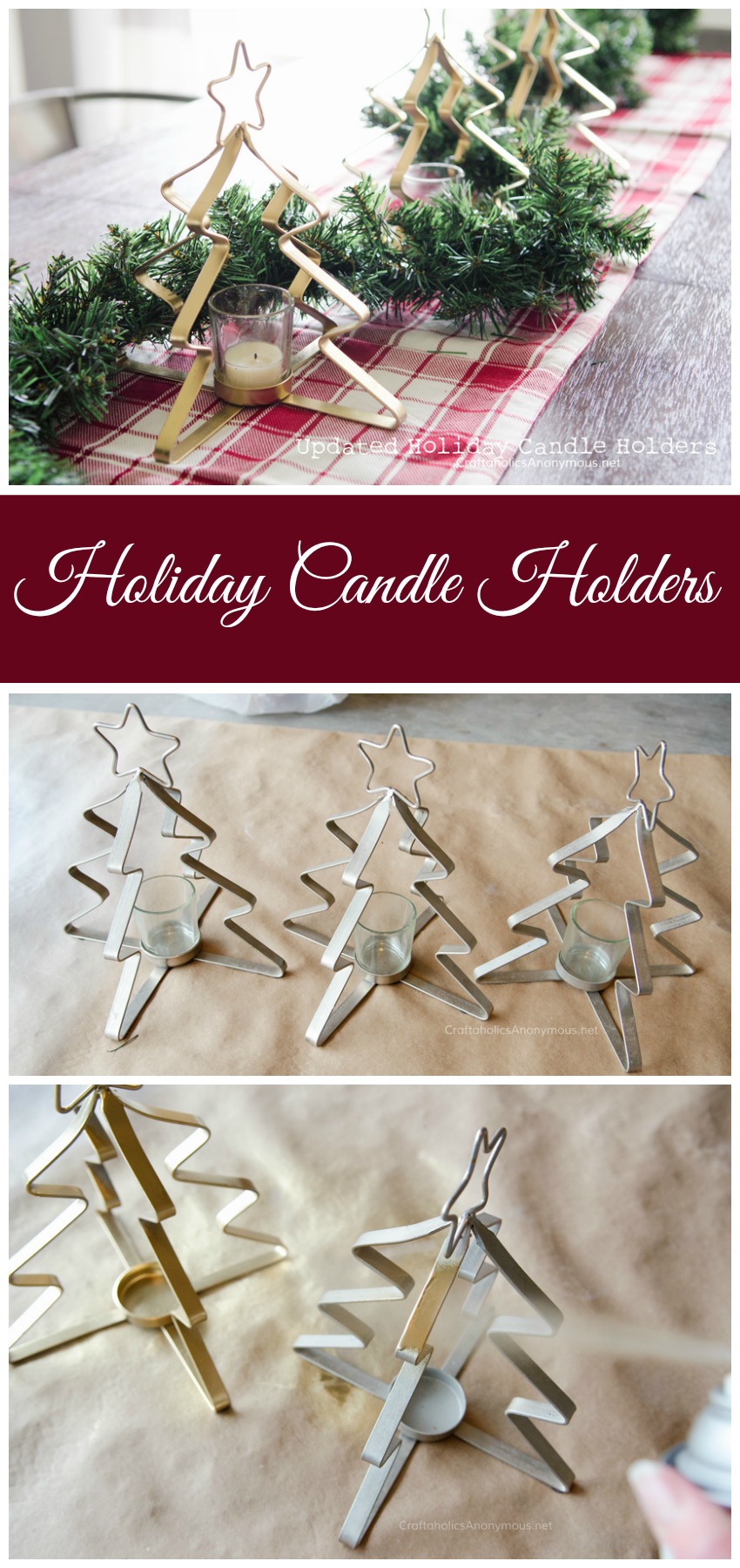 Update silver holiday candle holders with a coat of metallic gold spray paint