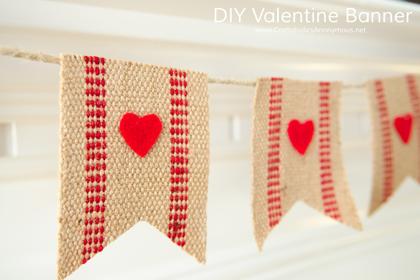 DIY Valentine Banner using jute webbing and felt hearts. Such a simple, brilliant idea!