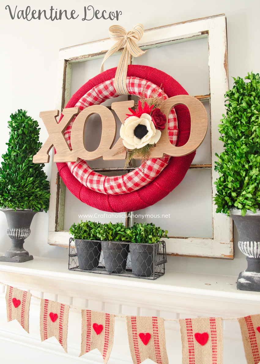 DIY Valentine Decor :: Link includes tutorial for Valentine Wreath and Valentine banner