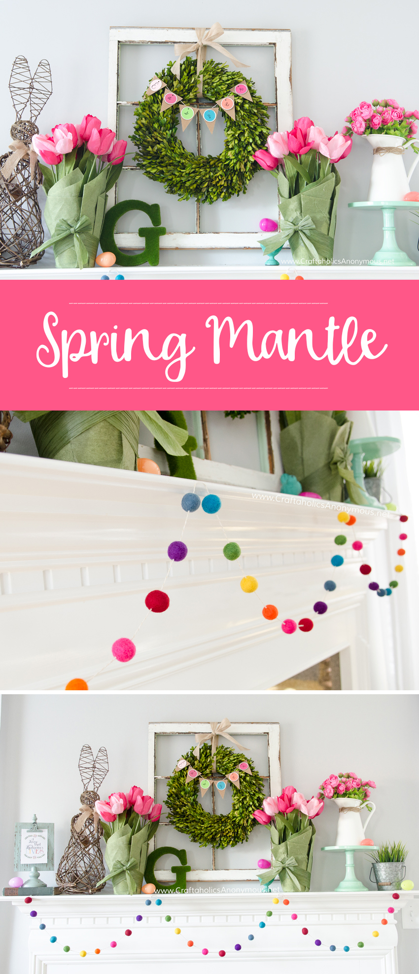 DIY Spring Mantle decor. Love that rainbow felt ball garland!