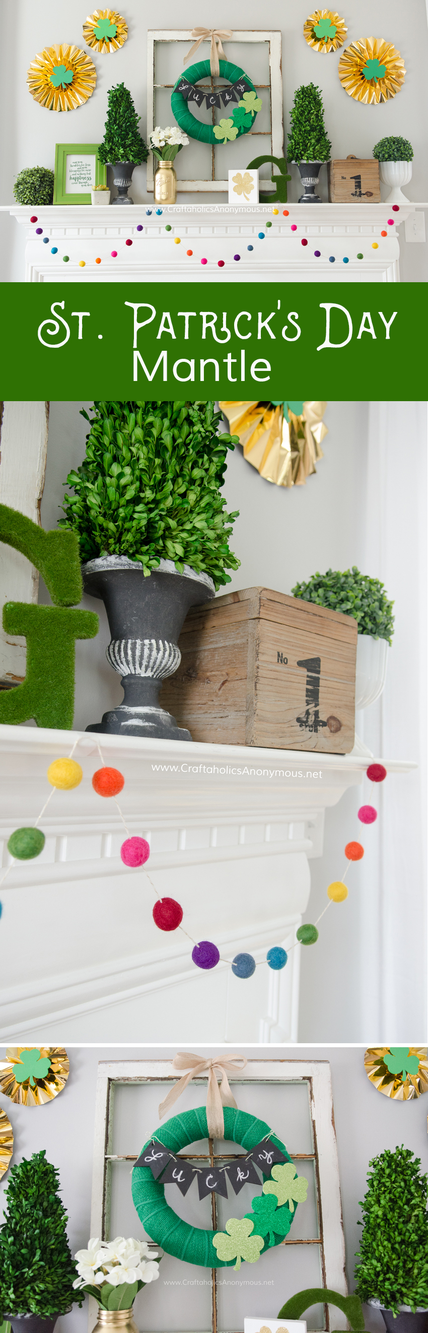 DIY St. Patrick's Day Mantle. That rainbow felt ball garland is to die for!