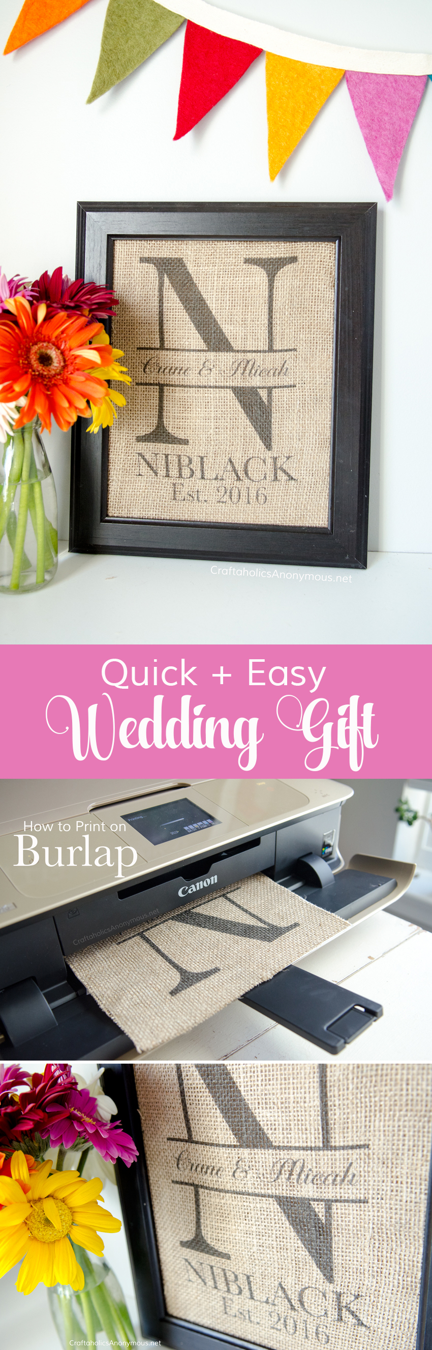 Easy Wedding gift idea! Print custom monogram on burlap and pop in a frame. Love this idea!