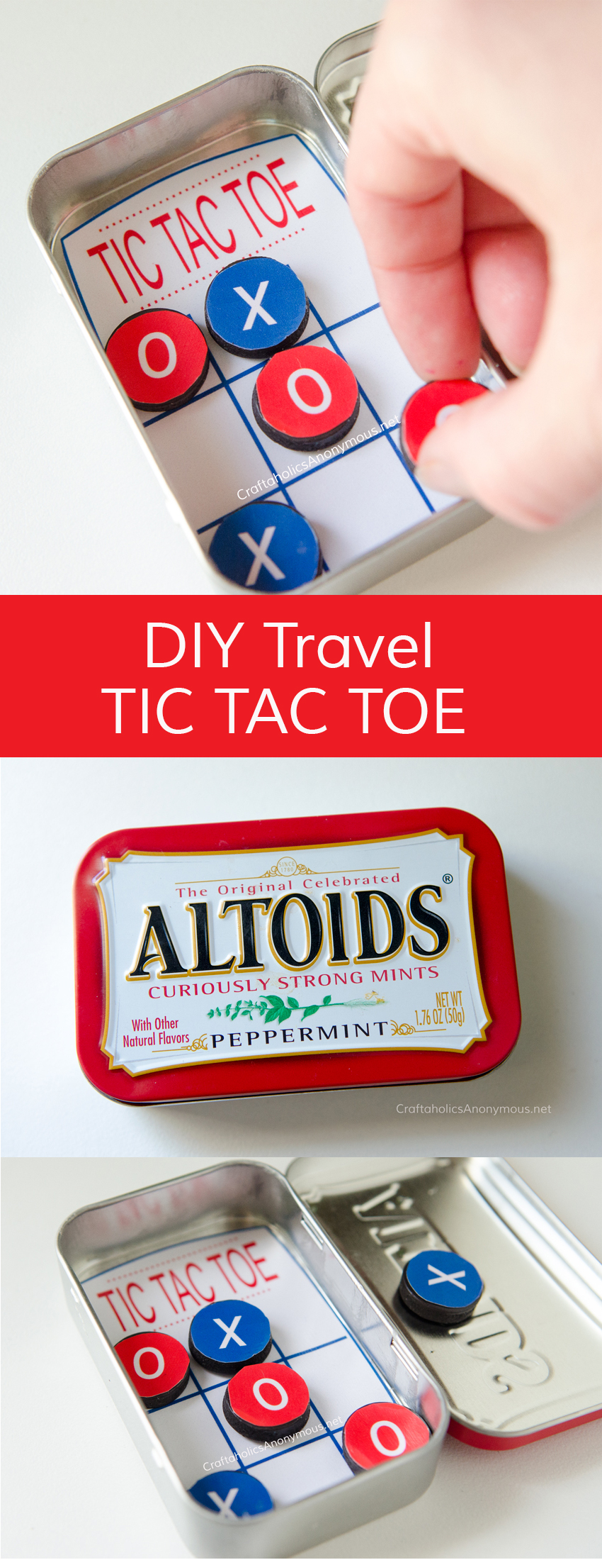 DIY Pocket Tic Tac Toe game made with Altoids tin. Great for Road Trips or church. Great Kids Craft idea for summer or even a handmade Christmas gifts.