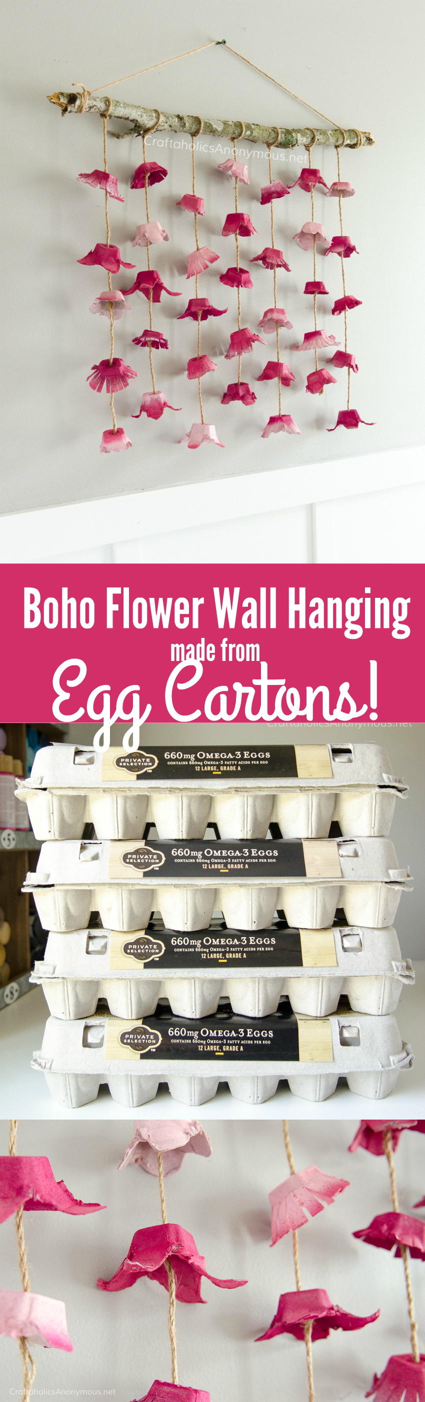 DIY Boho Flower Wall hanging made with old egg cartons. Great way to reuse empty egg cartons! Neat craft idea.