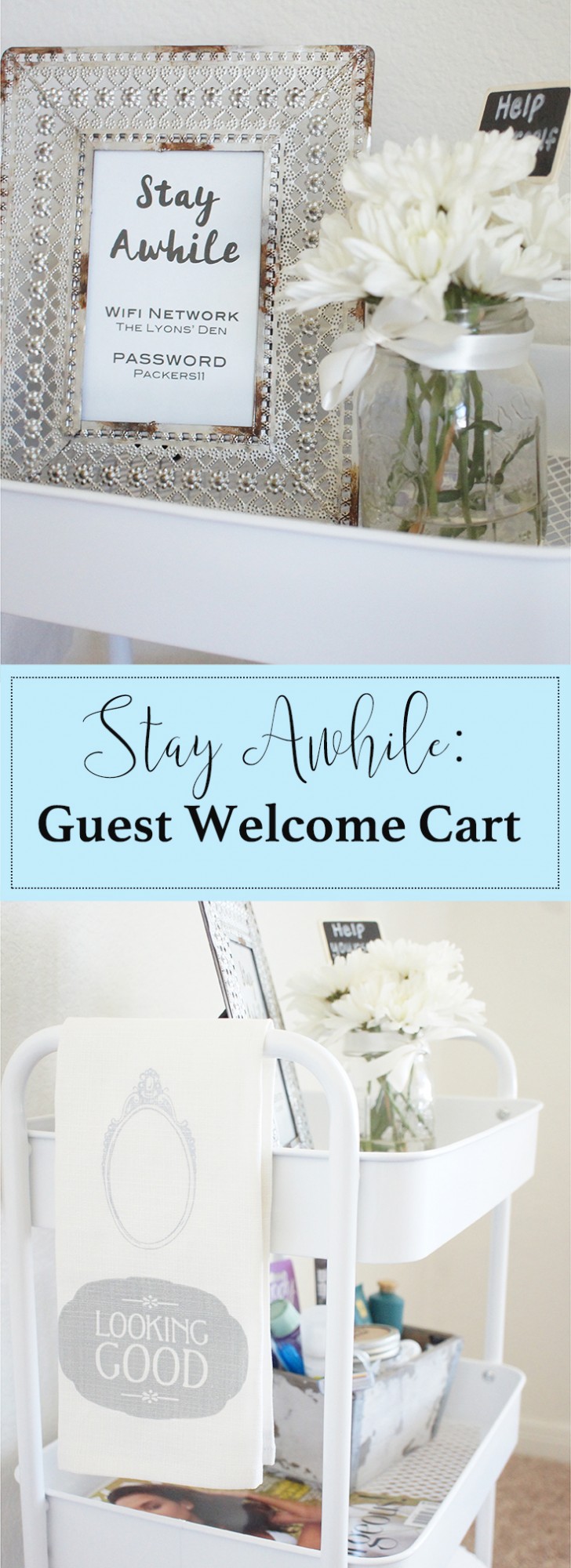Welcome your guests and make them feel at home with this pretty hospitality cart! Welcome your guests and make them feel at home with this pretty hospitality cart!