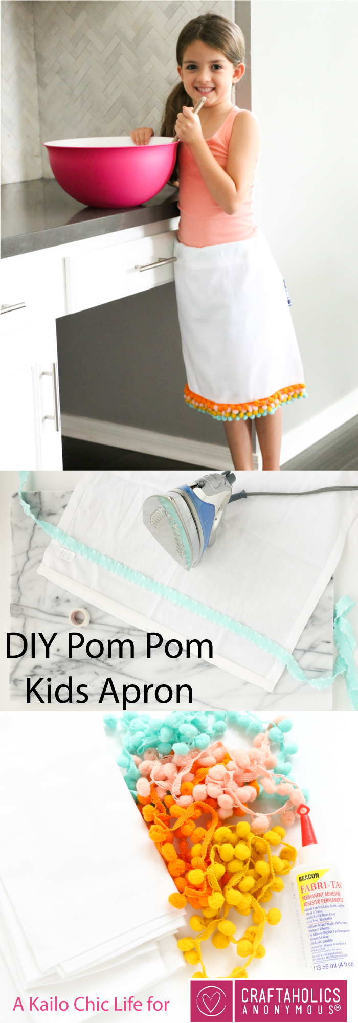Make this adorable Kids Pom Pom Apron for the baker in your life! Get the tutorial at craftaholicsanonymous.net