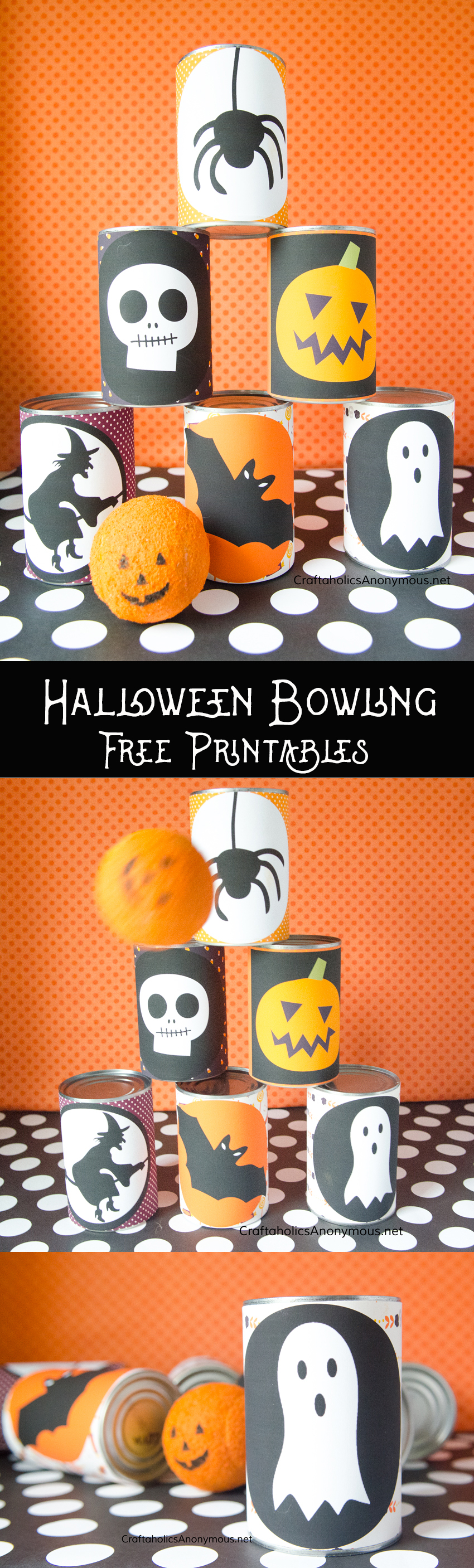 DIY Halloween Bowling Game idea with FREE Printables. Great way to reuse tin cans!