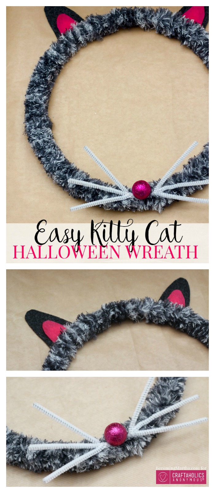 Make this easy Cat Halloween Wreath in an afternoon for your front porch! Craftaholicsanonymous.net