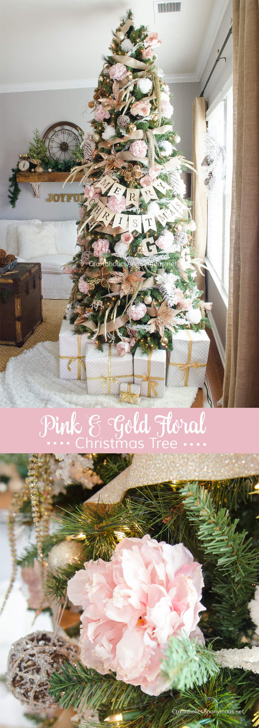 GORGEOUS Pink + Gold Floral Christmas Tree :: Love the peonies!