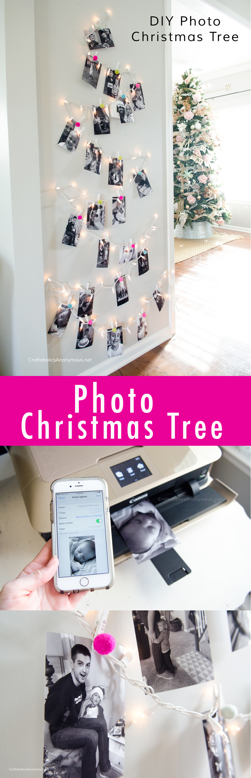 Photo Christmas Tree using twinkle lights and felt balls