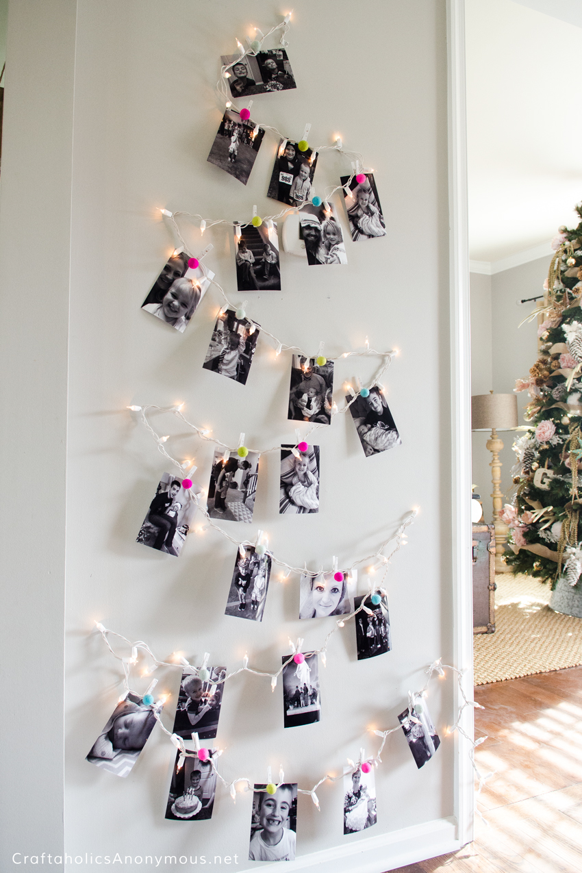 Photo Christmas Tree using twinkle lights and felt balls