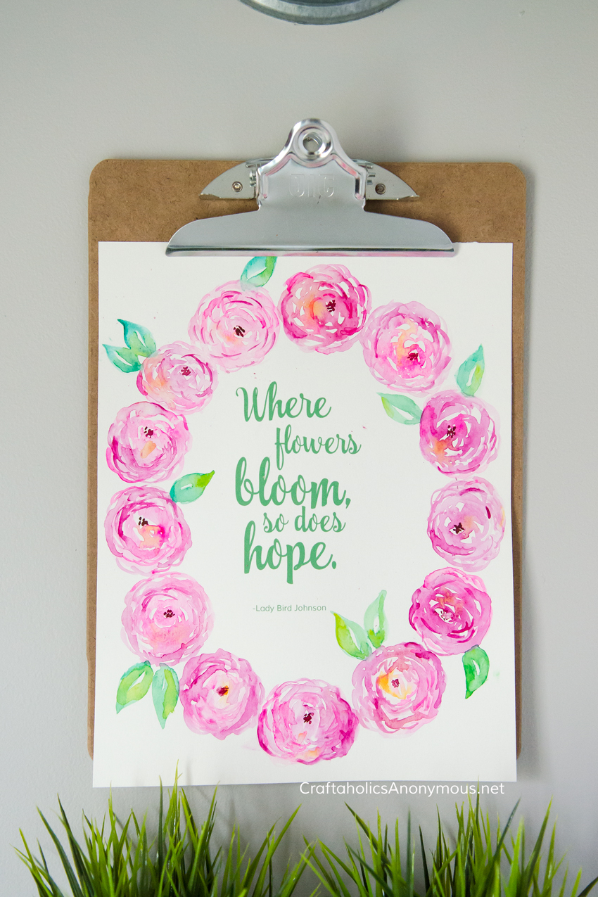 Pink Watercolor Peonies with Spring quote from Lady Bird Johnson + Free printable